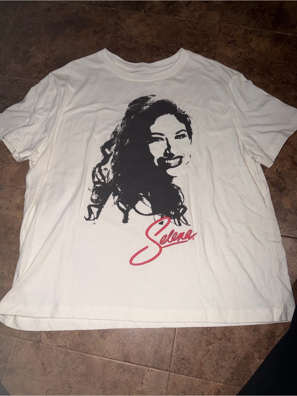 White Short Sleeve Graphic Tee with Black Portrait and Red Signature